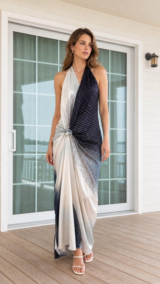 Model wearing Black halter neck polka dot maxi dress from the front
