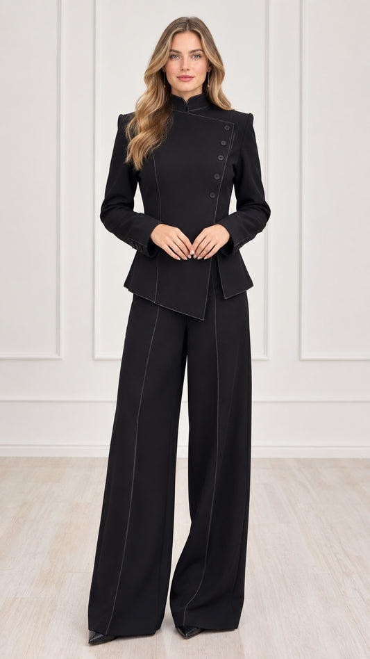 Full front view of women's black asymmetric high-neck blazer and wide-leg trousers suit set