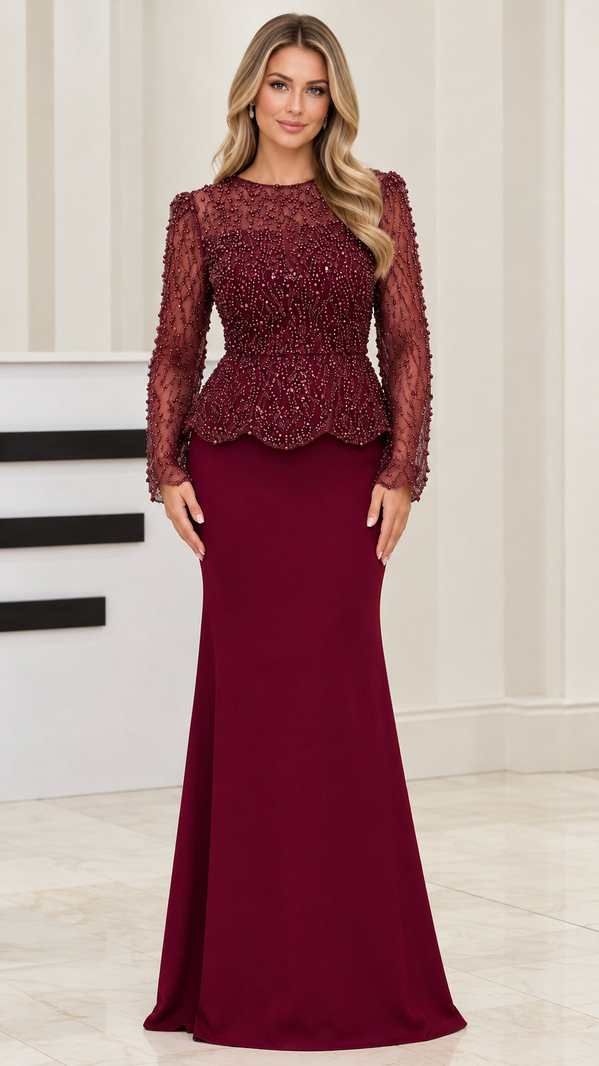 Burgundy beaded long sleeve peplum evening gown front view
