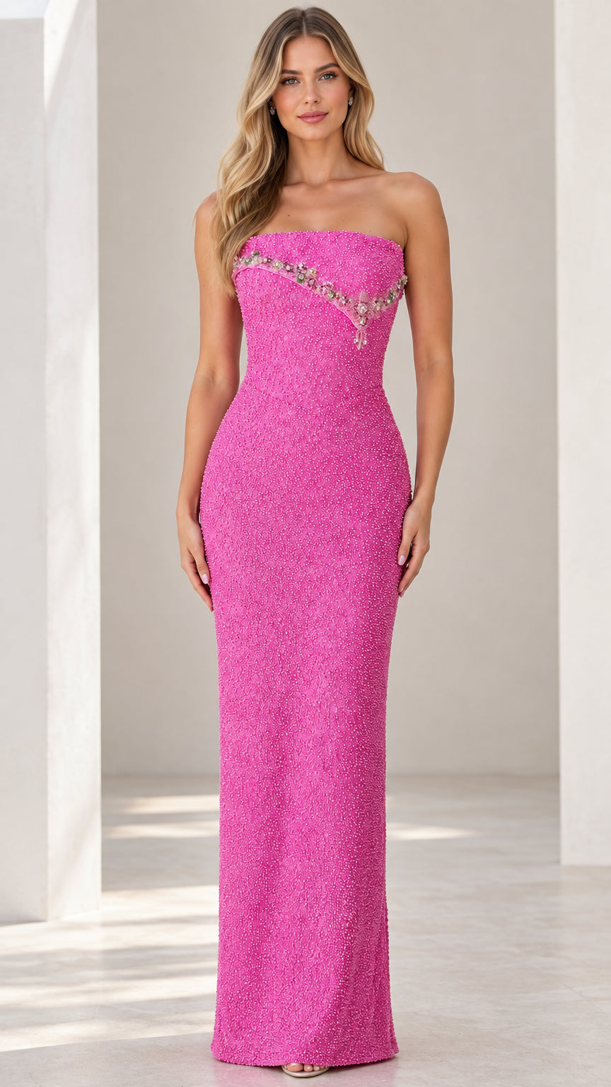 Model wearing fuchsia strapless beaded column evening maxi gown front view