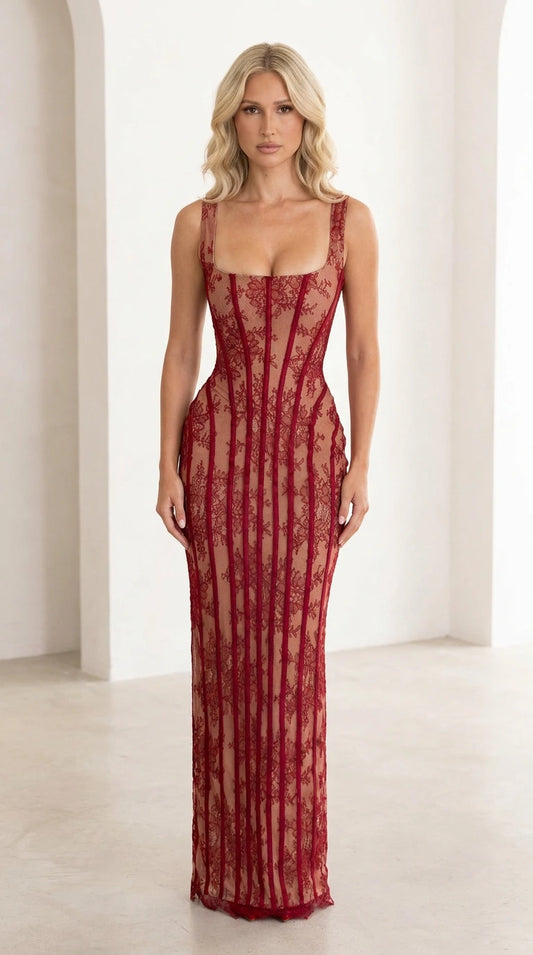 Front view of burgundy corset lace maxi dress