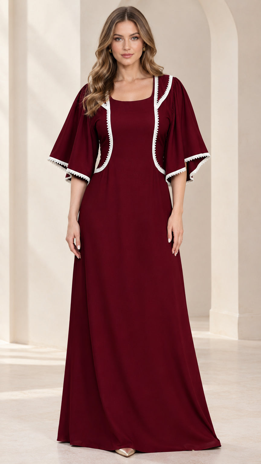Front full-length view of model wearing burgundy square-neck flutter sleeve maxi dress with white trim