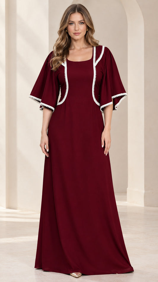 Front full-length view of model wearing burgundy square-neck flutter sleeve maxi dress with white trim