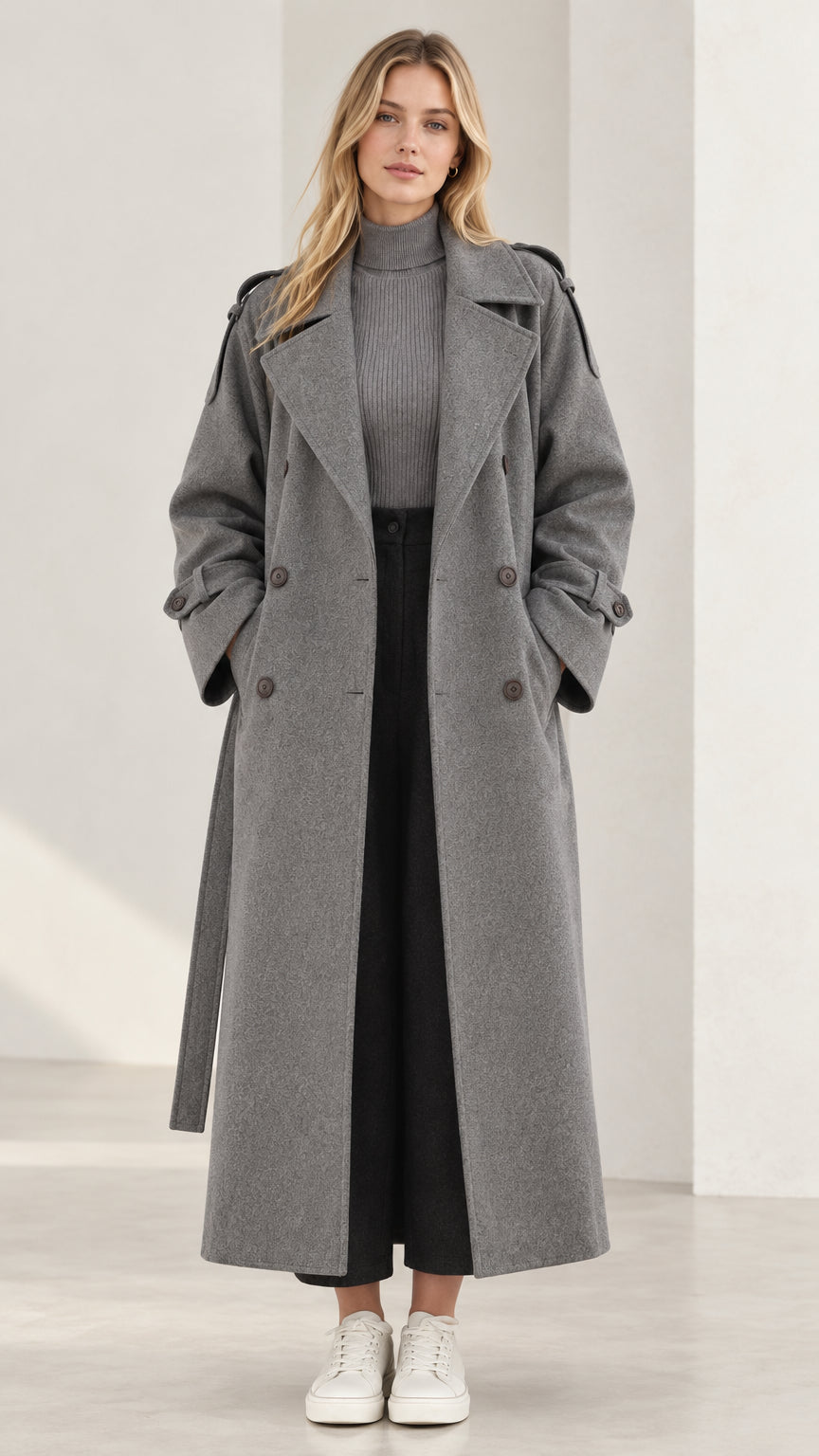 Front view of model wearing longline grey textured trench coat with belt