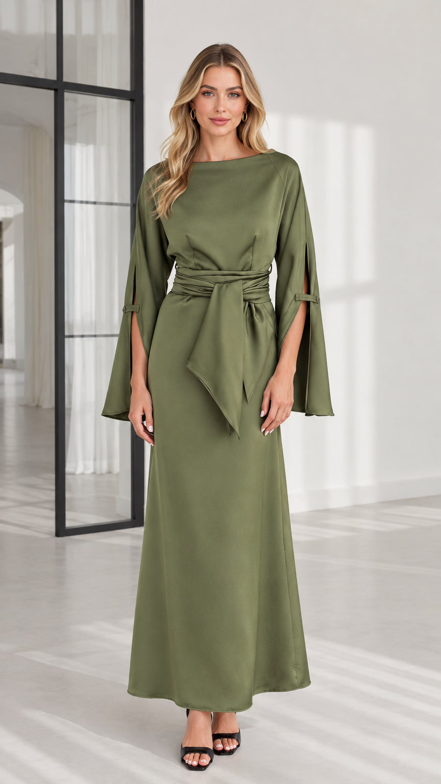 Front view of olive green boat neck maxi dress with split sleeves and waist tie