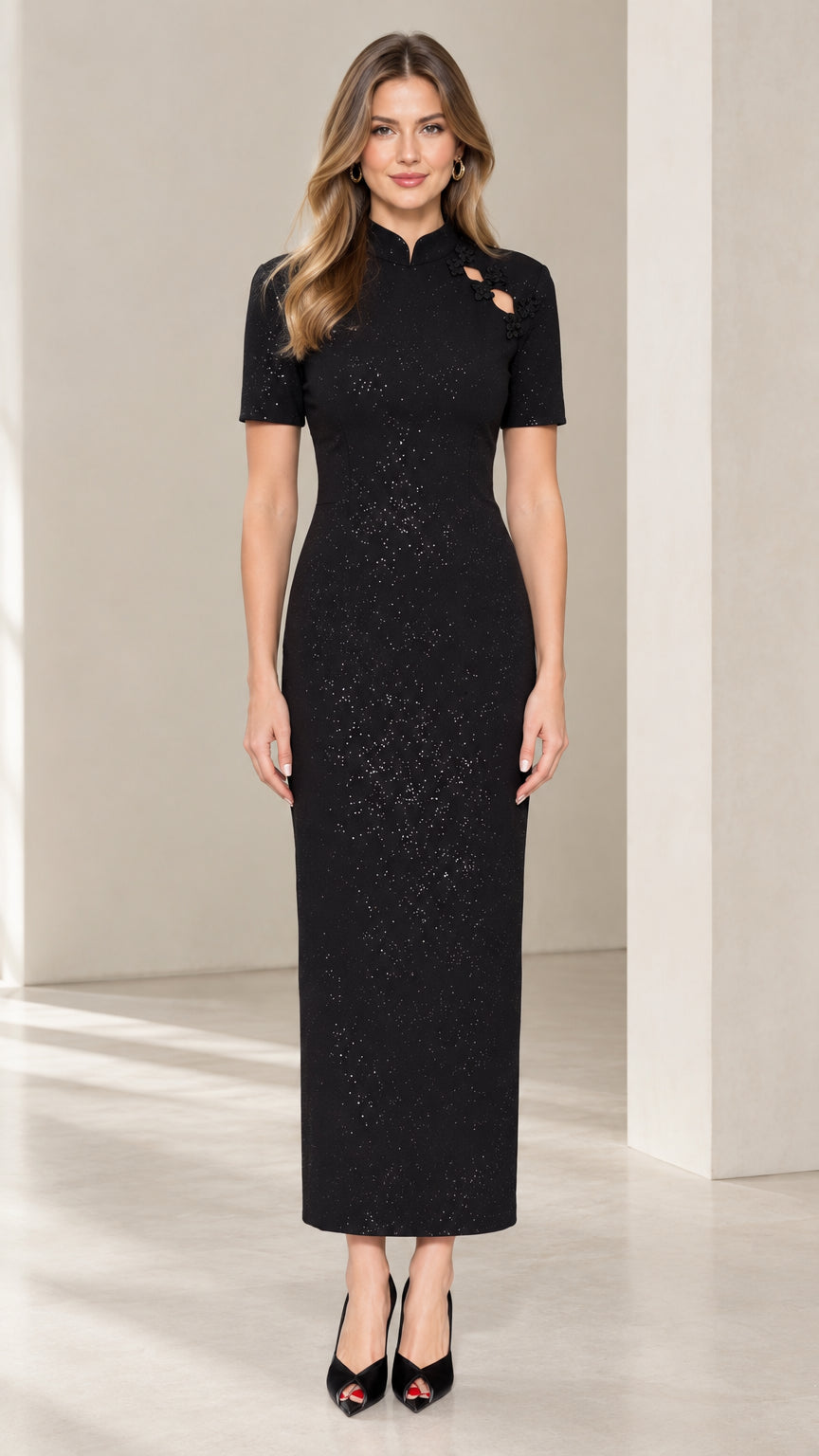 Front view of black glitter mandarin collar maxi dress with floral cutout