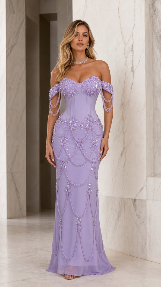 Front view of lavender off-the-shoulder beaded mermaid evening dress