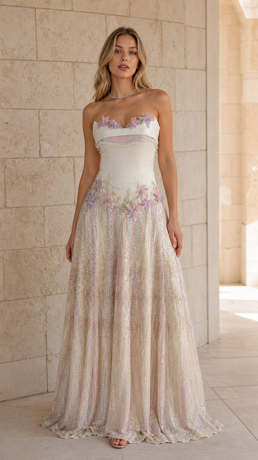 Front view of white strapless floral sequin evening dress