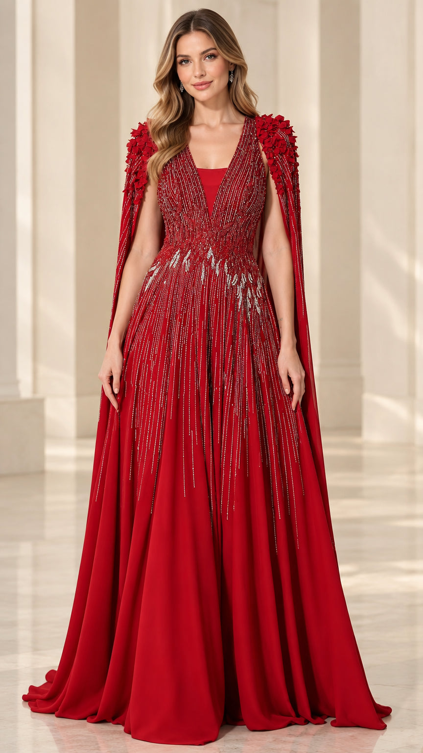 Front view of red beaded evening gown with floor-length cape sleeves and 3D floral shoulders