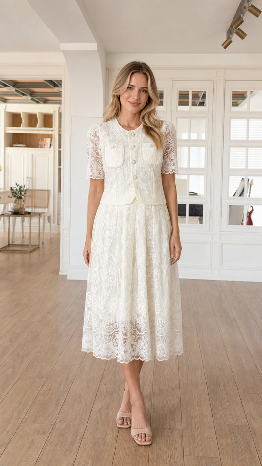 Full-length front view of white lace midi dress and jacket set