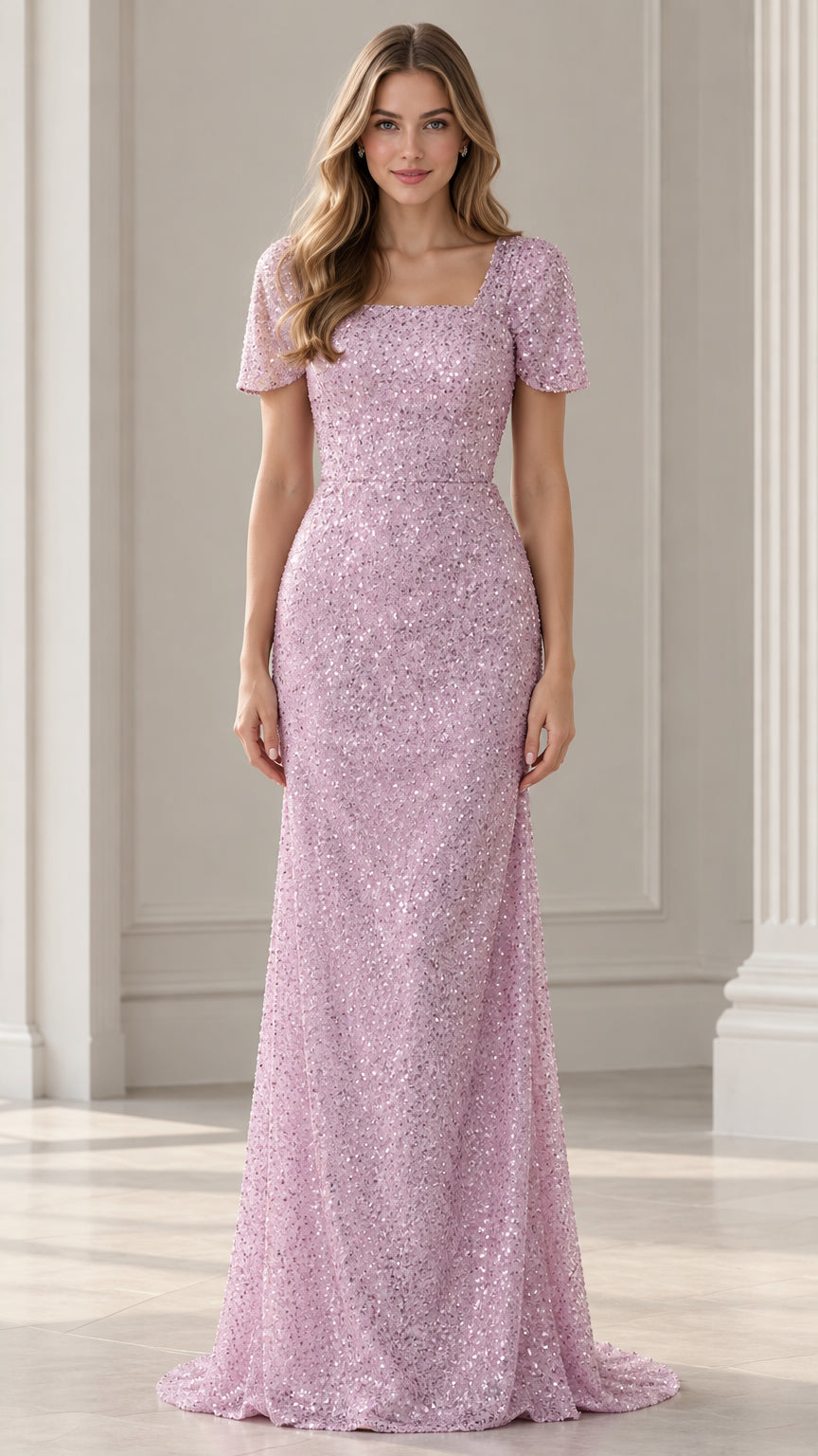 Front view of woman wearing full-length Lilac square neck sequin evening gown