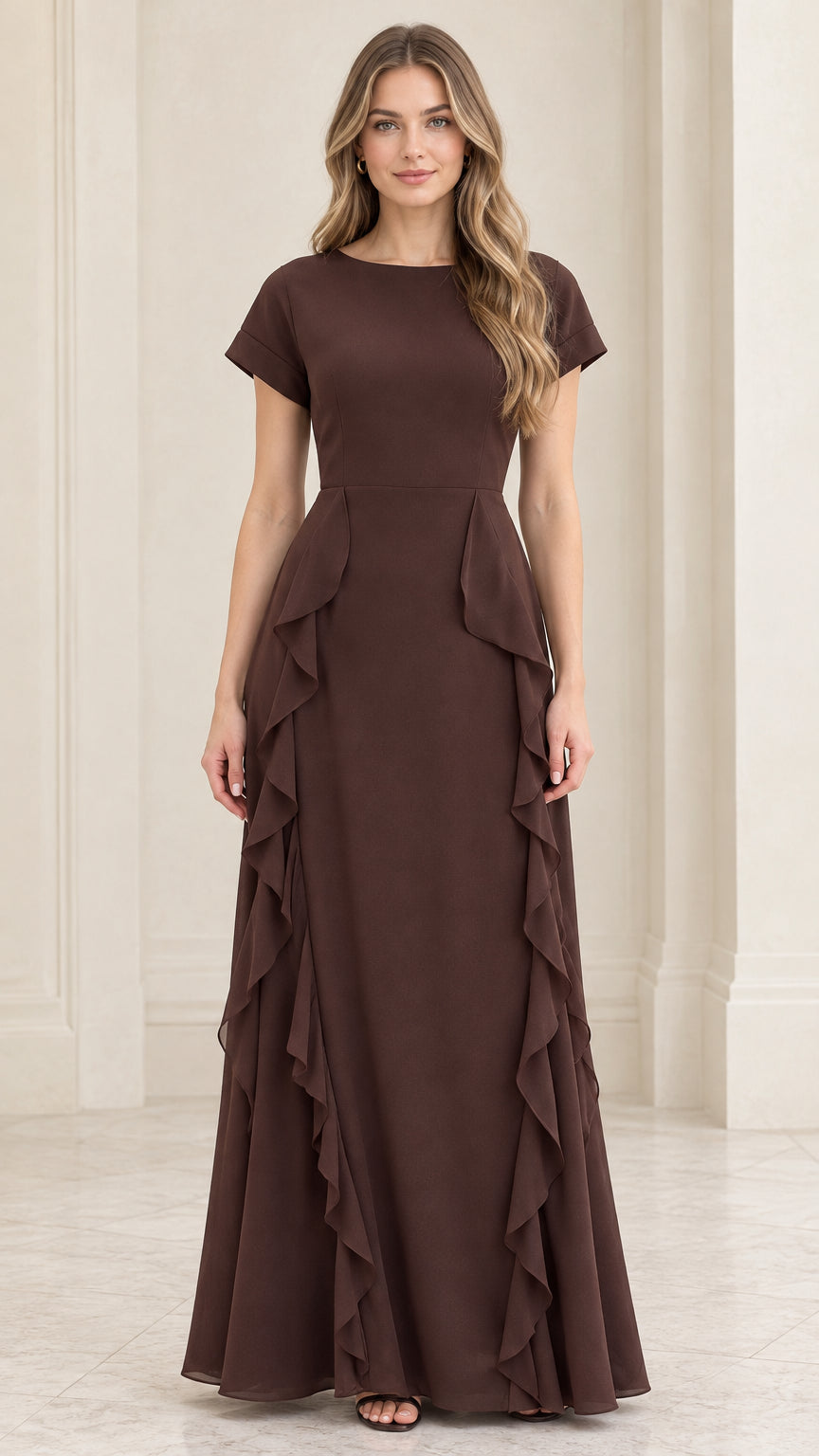 Front full view of woman wearing chocolate brown short sleeve cascade ruffle maxi dress