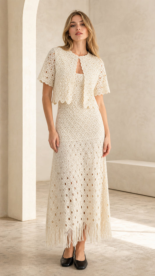 Front view of ivory crochet lace two-piece set on model