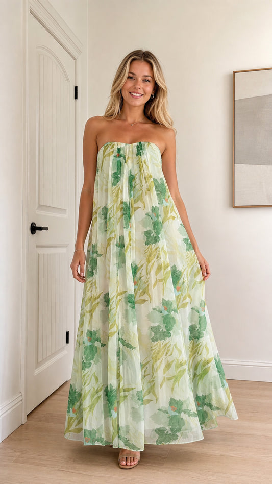Model wearing sage green floral strapless maxi dress front view