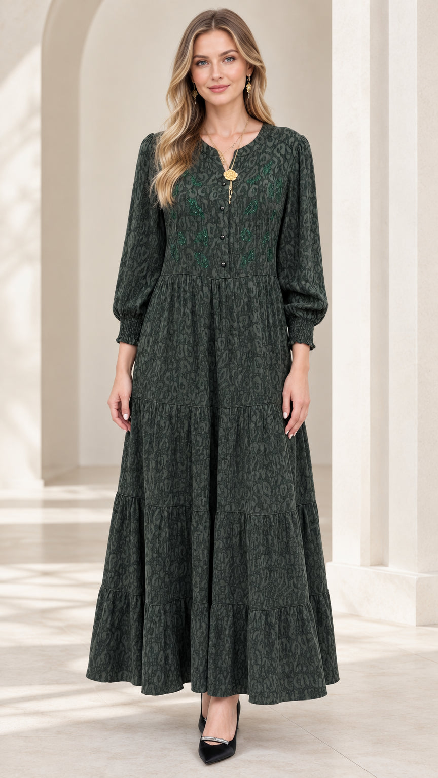 Front view of model wearing dark green embroidered tiered jacquard maxi dress