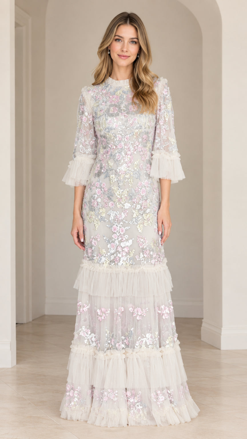 Front view of Ivory White floral sequin embroidered tiered maxi evening gown