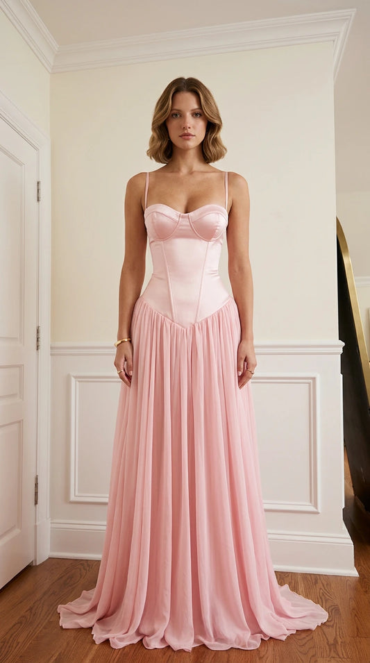 Front view of pink satin corset bodice chiffon maxi evening dress