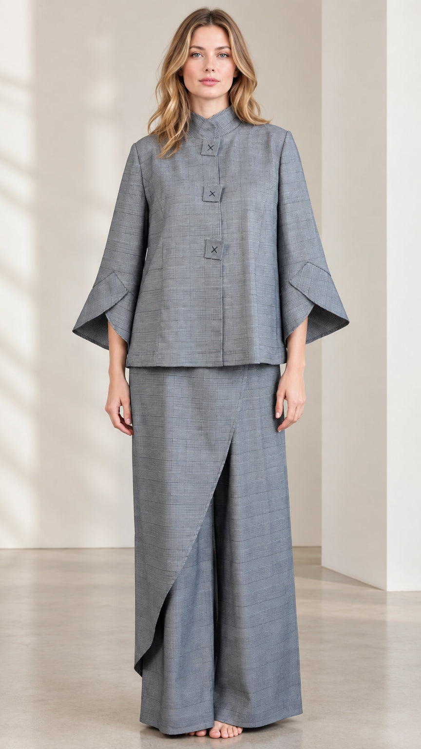 Grey Plaid Mandarin Collar Jacket and Wide-Leg Pants Set front view