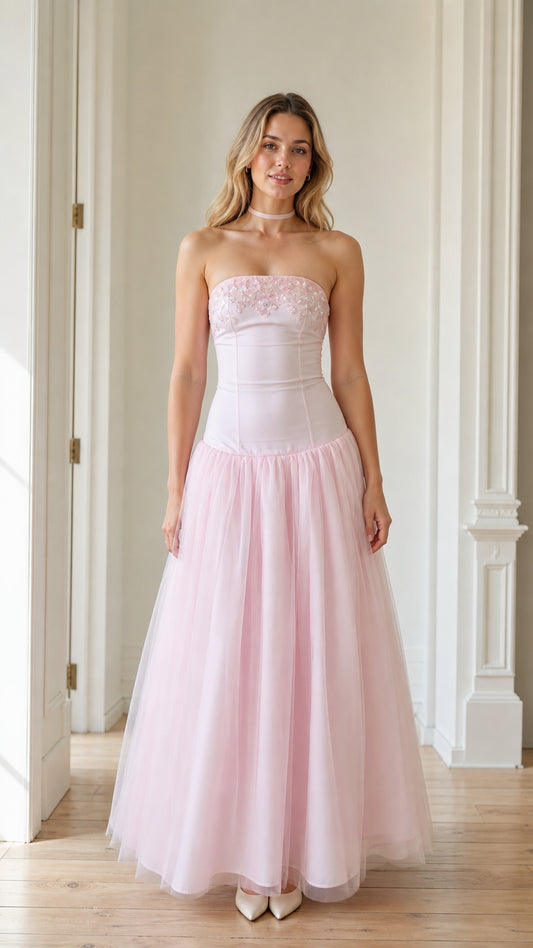 Front view of the pink strapless embroidered tulle maxi dress