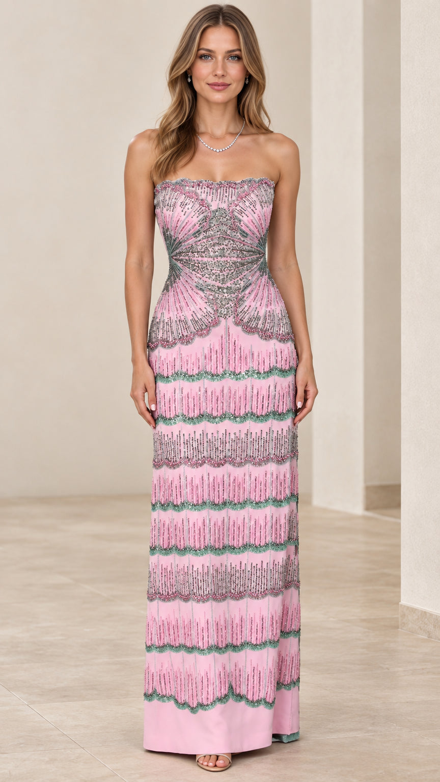 Front full view of woman wearing pink strapless beaded column evening gown