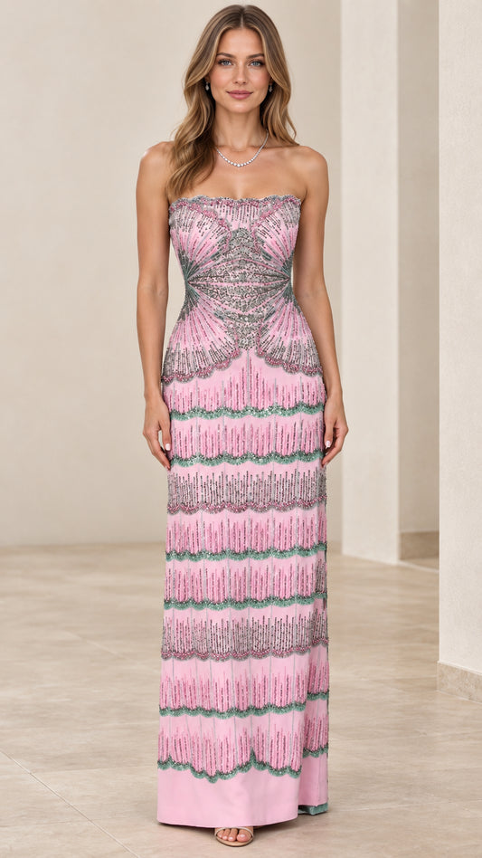 Front full view of woman wearing pink strapless beaded column evening gown