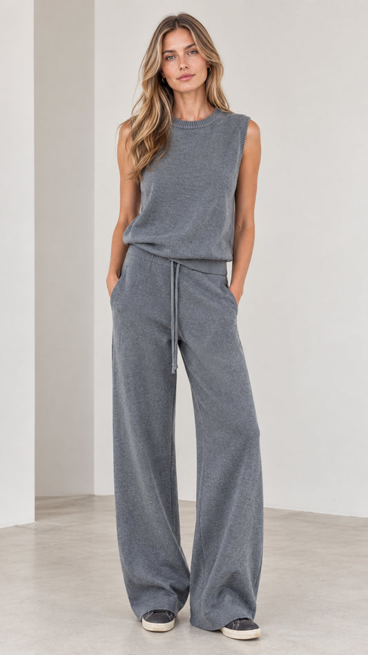 Front view of woman wearing Slate Grey sleeveless knit top and matching wide-leg trousers