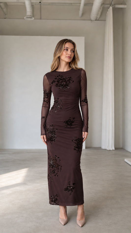 Front full view of brown sequin mesh maxi dress