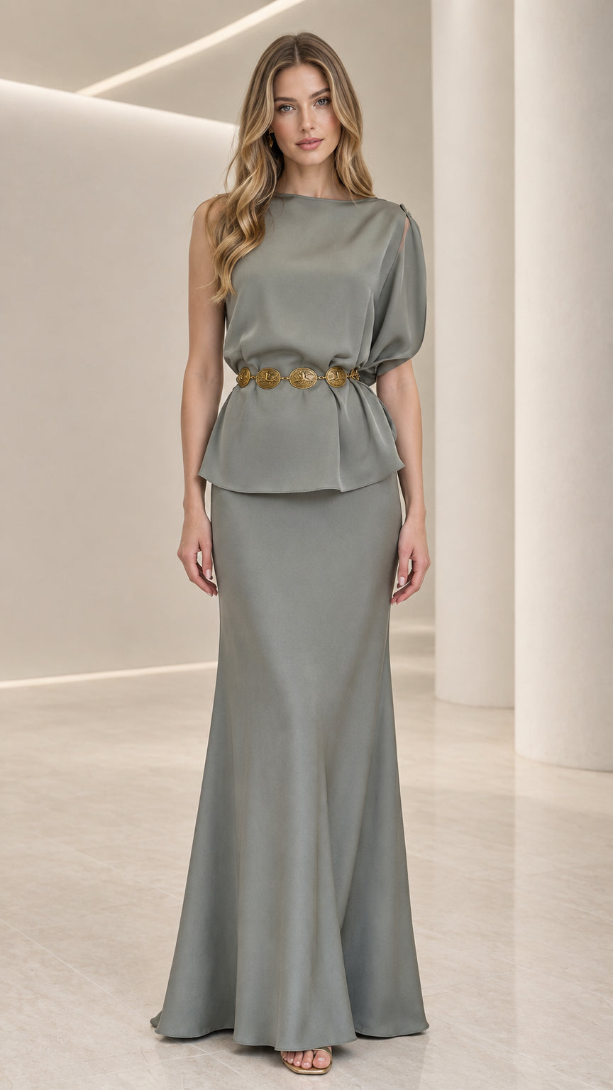 Sage green asymmetric draped peplum evening gown front view