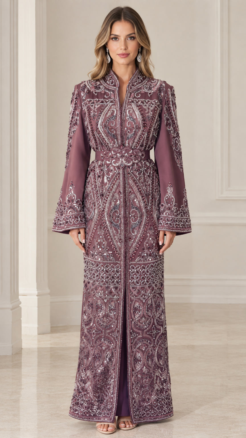 Front view of model wearing plum hand-beaded embroidered kaftan maxi dress