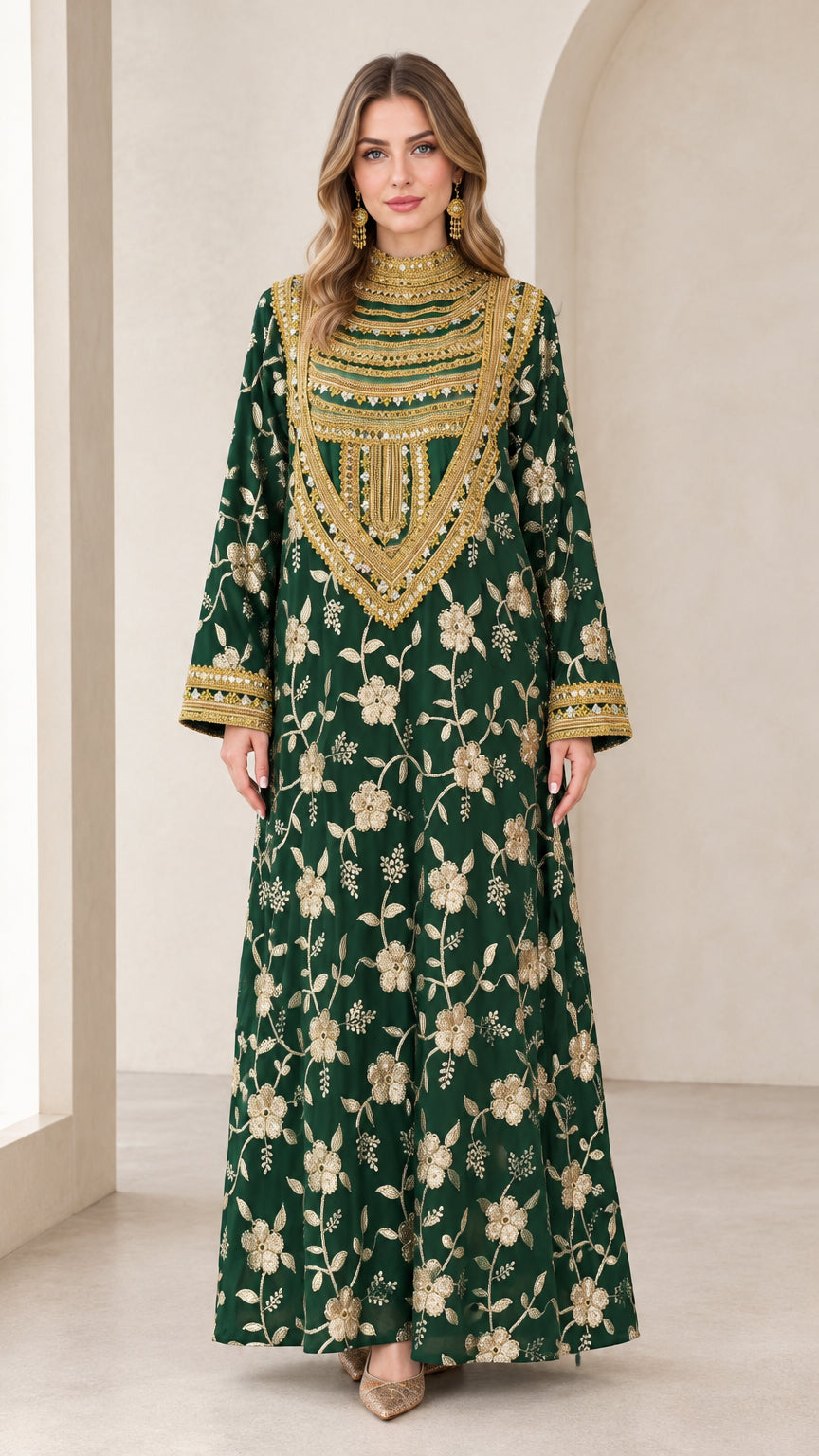 Front full view of woman wearing emerald green embroidered high neck maxi kaftan dress with gold bib detailing
