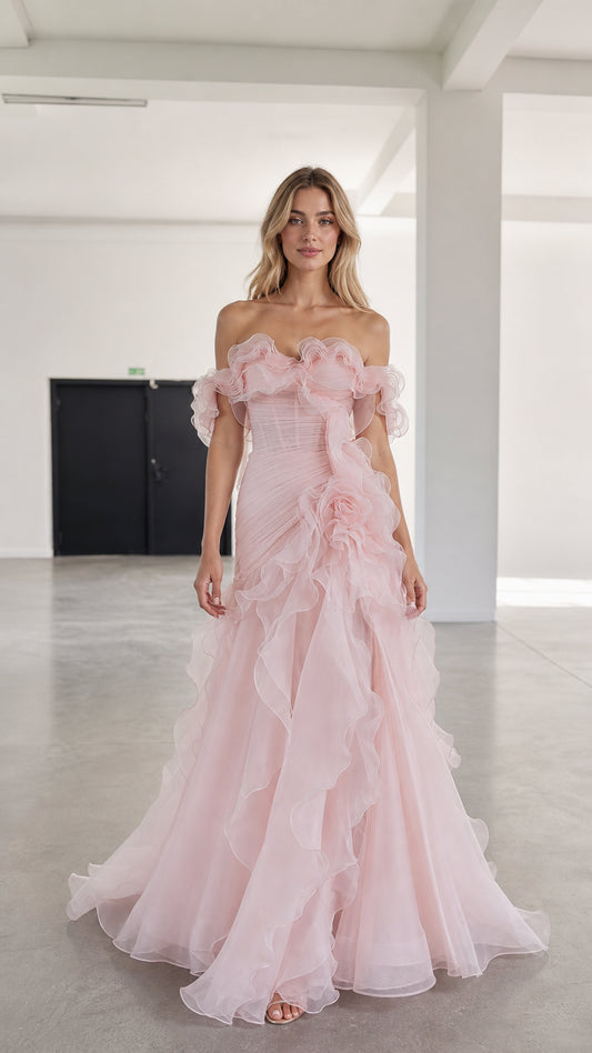 Front view of model wearing pink off-shoulder ruffled tulle evening gown