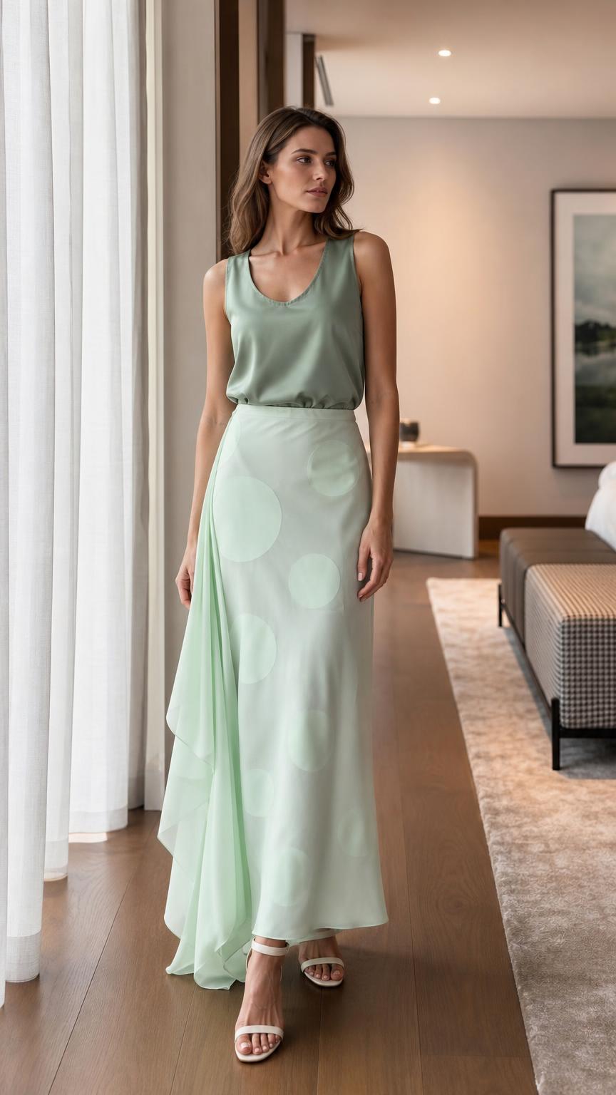Model wearing sage green satin top and polka dot maxi skirt front view