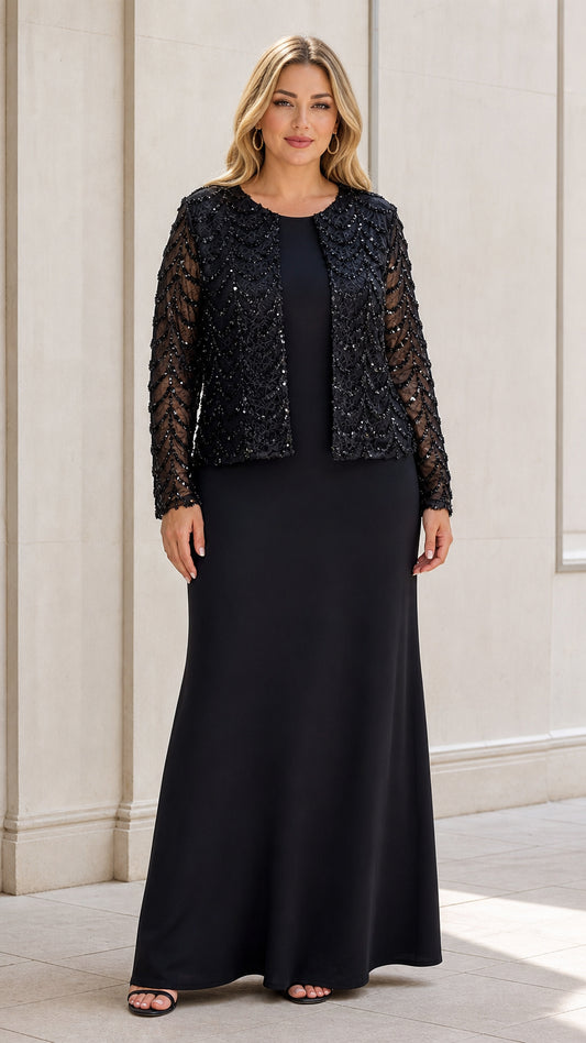Front view of black two-piece maxi dress with sequin jacket