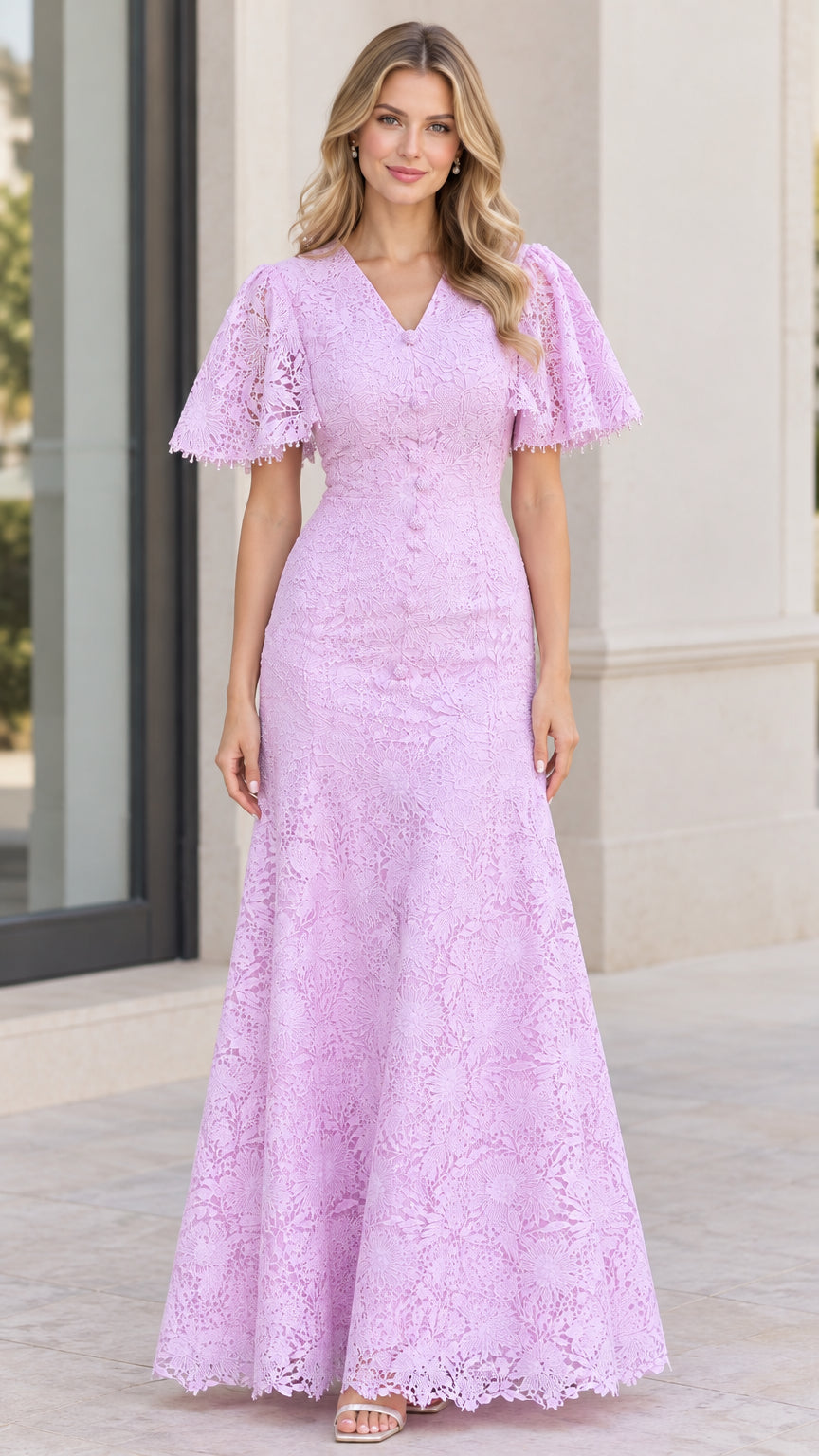 Front view of model wearing lavender floral lace flutter sleeve maxi dress