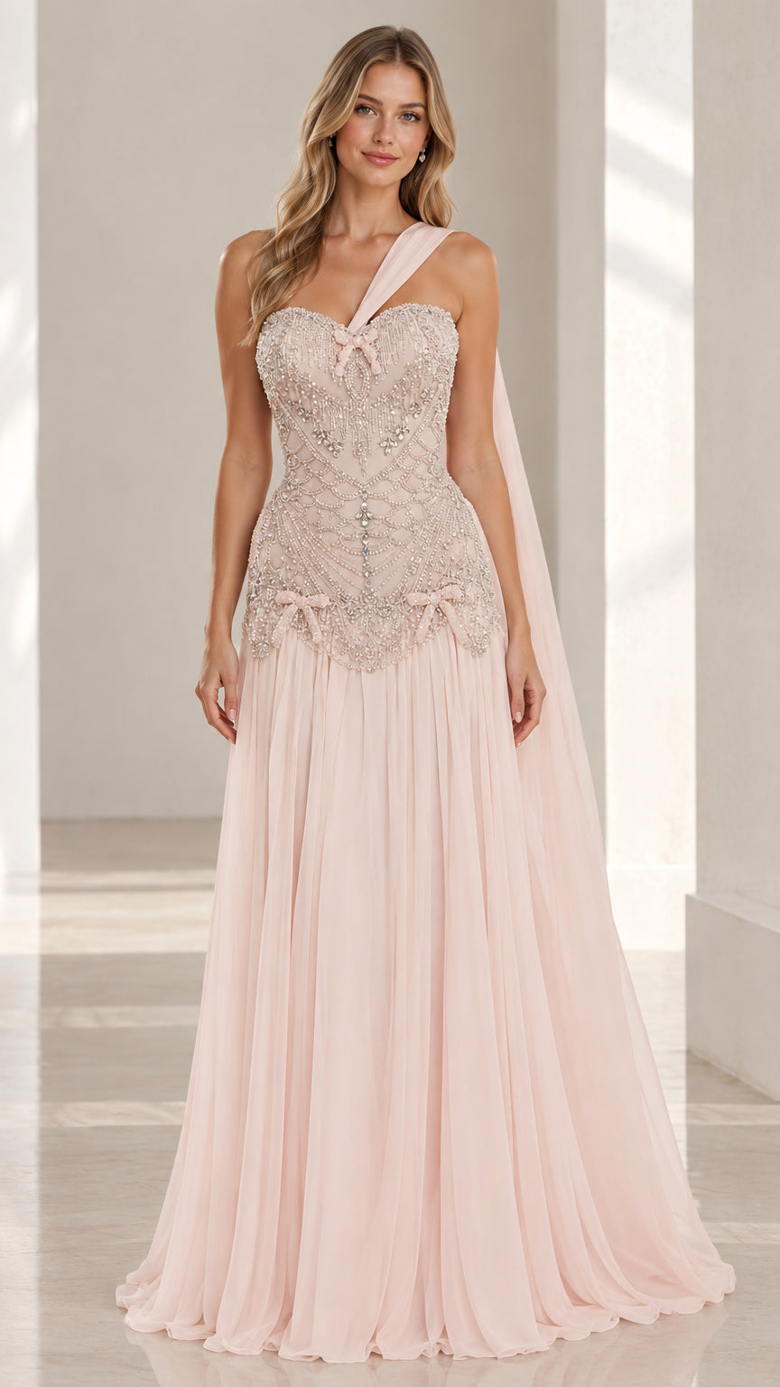 Full front view of blush pink beaded corset evening gown with one-shoulder sash