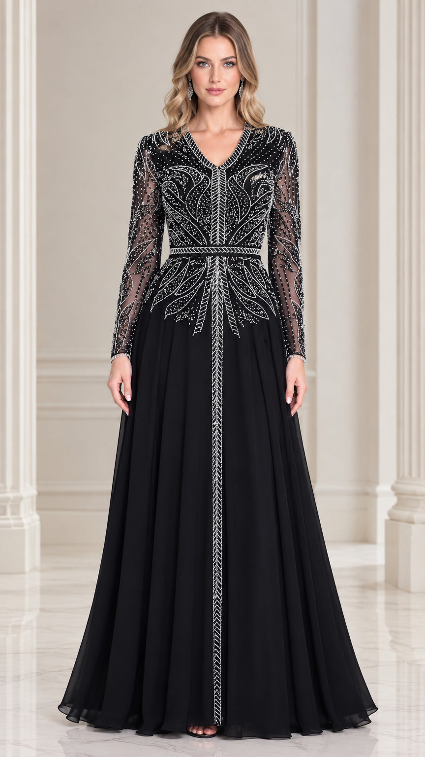 Front view of model wearing black beaded long sleeve V-neck evening gown