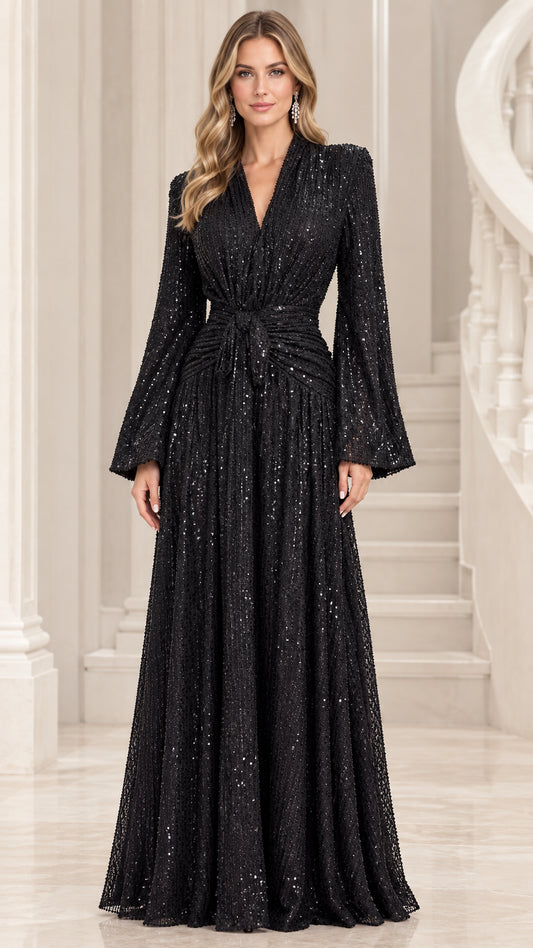 Front view of black sequin long bell sleeve maxi evening gown