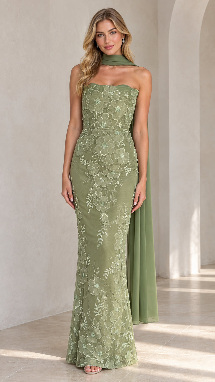 Full front view of sage green strapless floral embroidered maxi evening dress with neck scarf