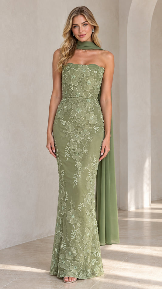 Full front view of sage green strapless floral embroidered maxi evening dress with neck scarf