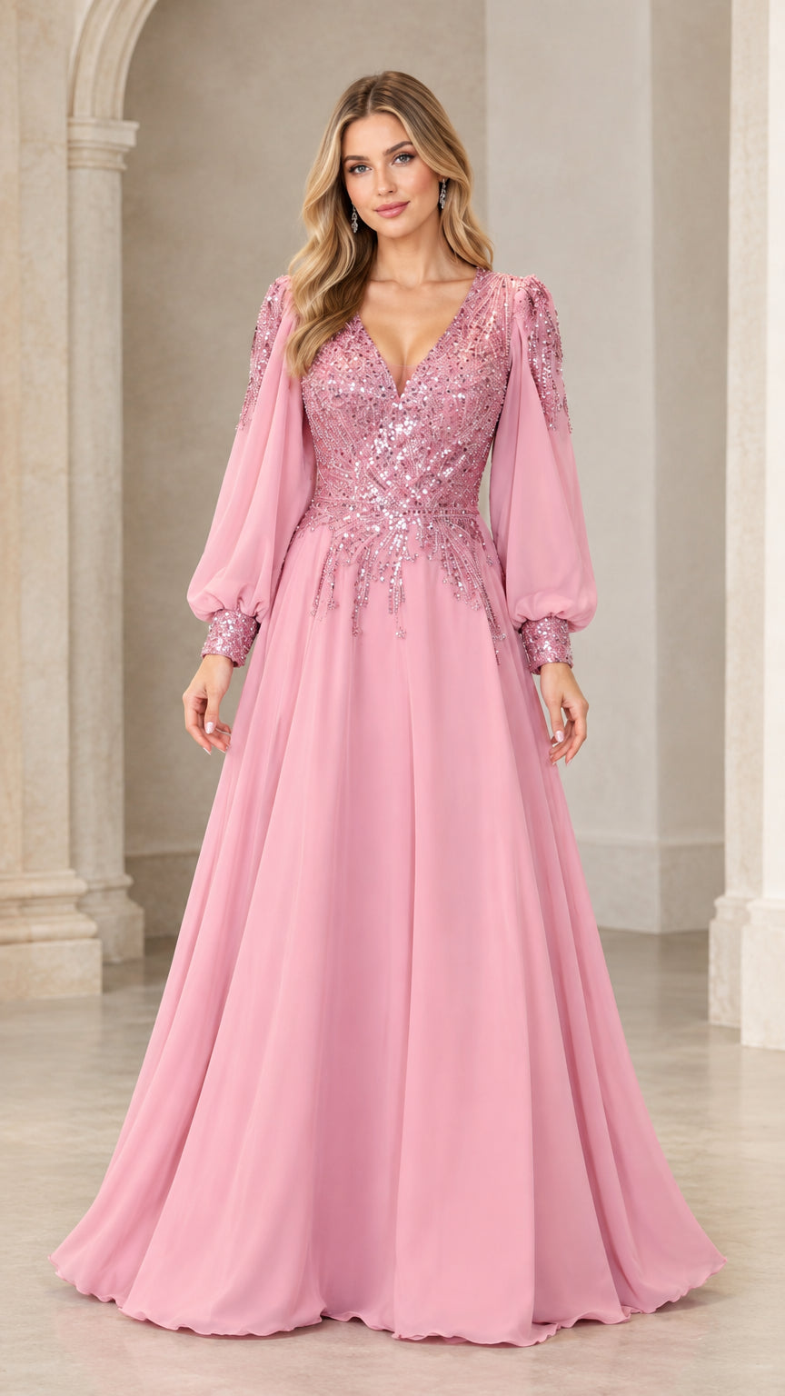 Front full-length view of model wearing pink sequin-embellished long sleeve chiffon evening gown