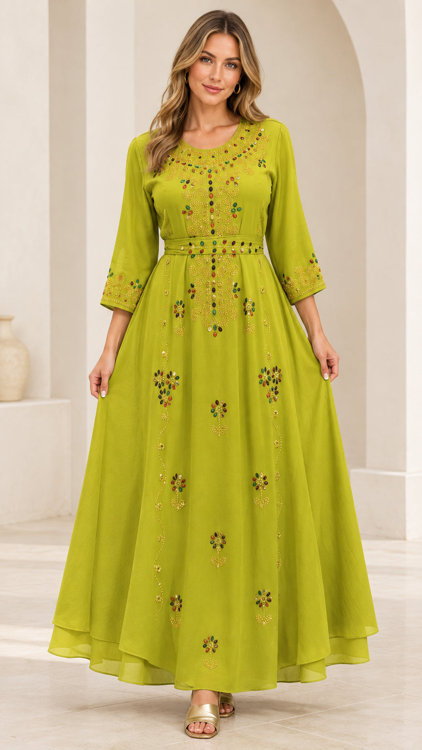 Front full-length view of woman wearing Lime Green embroidered beaded A-line maxi dress