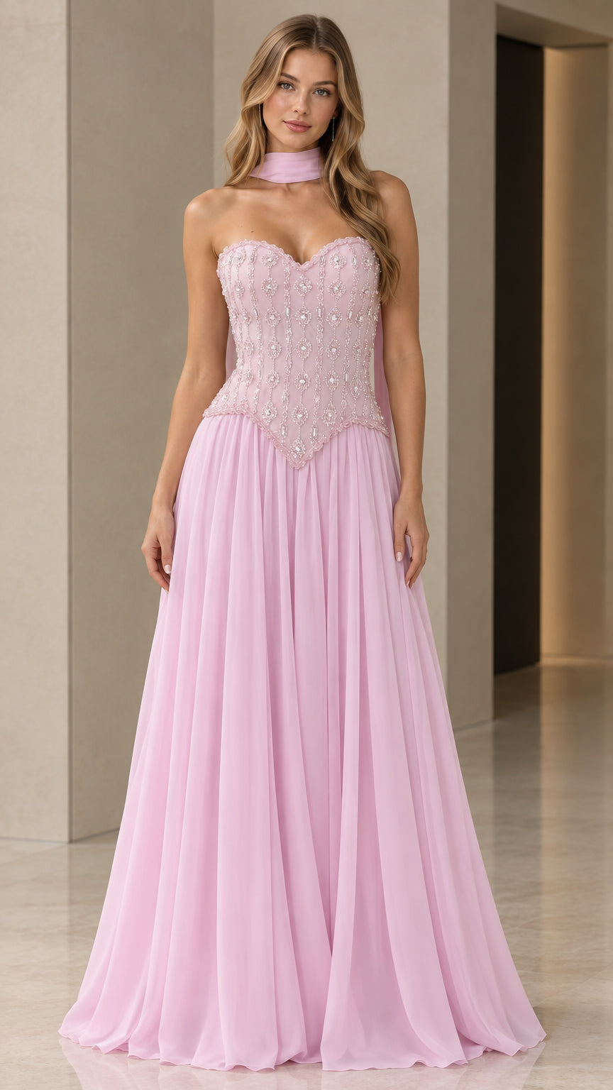 Front view of model wearing pink beaded basque waist evening gown with neck scarf