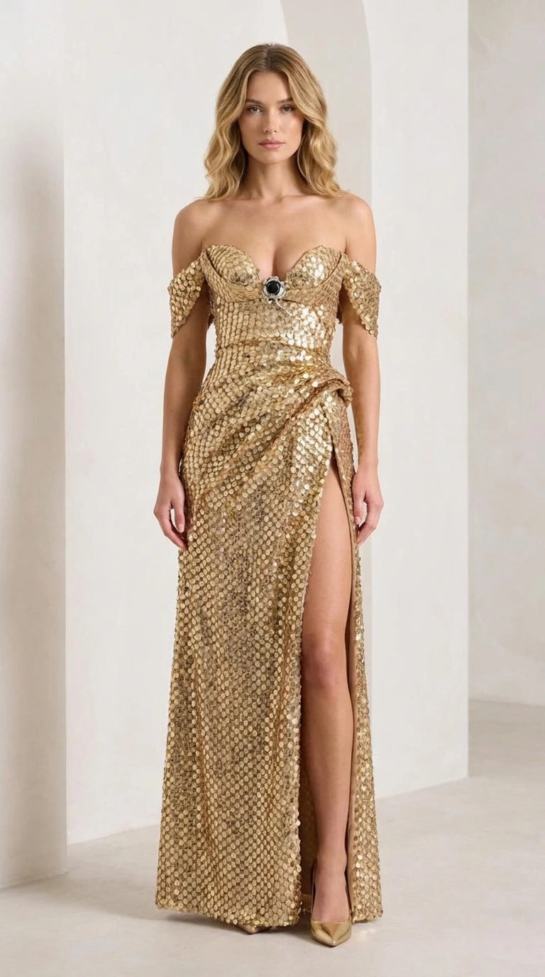 Front view of model wearing gold off-shoulder sequin evening gown