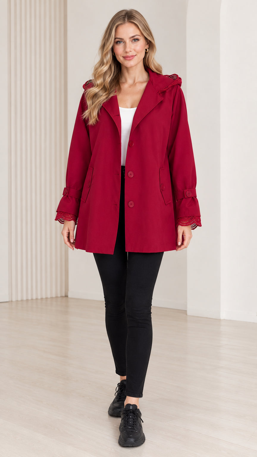 Women's red lace-trim hooded trench coat front view