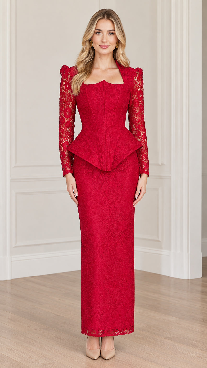 Front full-length view of model wearing a red long sleeve peplum lace maxi dress