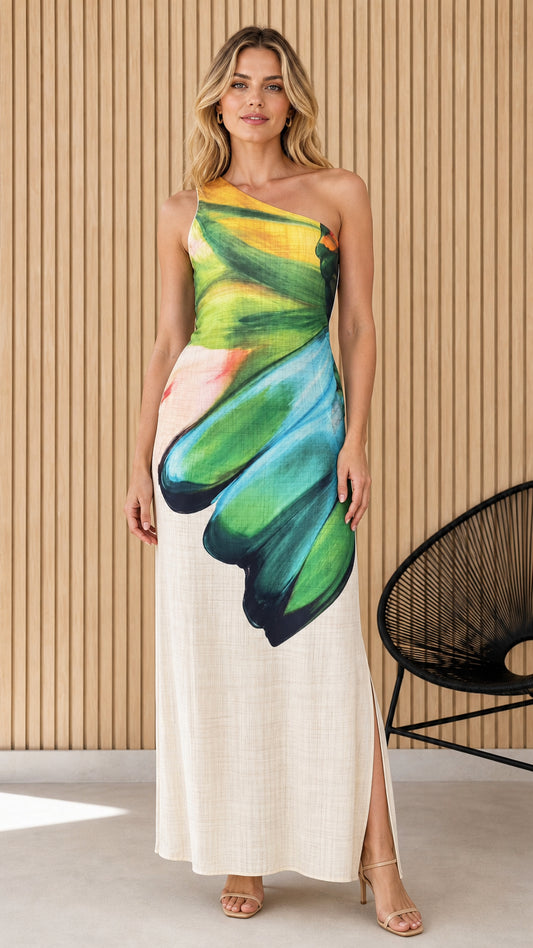 Front view of one-shoulder floral print maxi dress in white