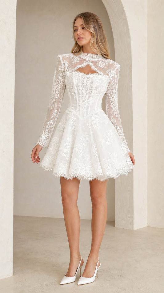 Front view of model wearing white floral lace cutout corset mini dress with long sleeves