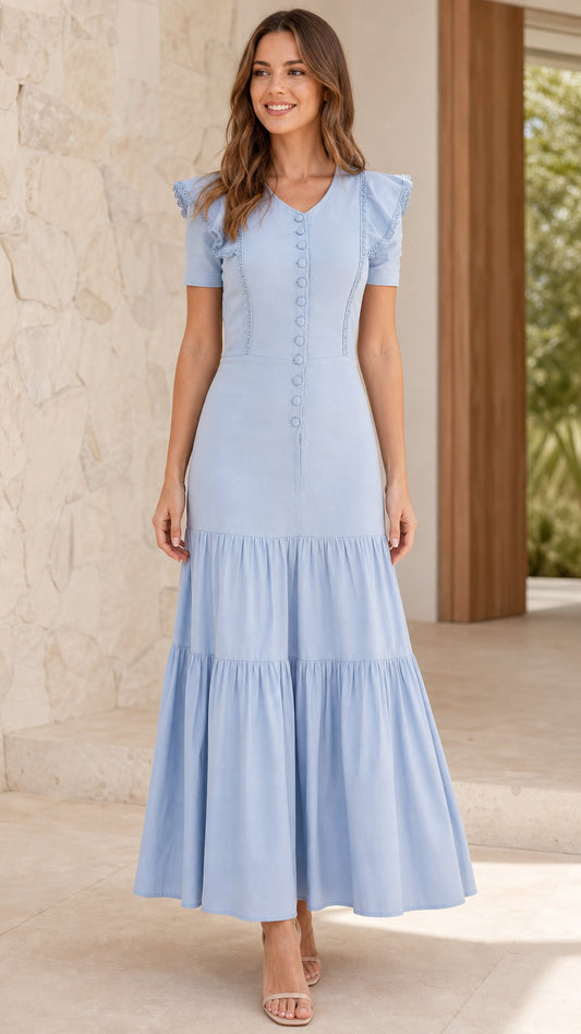 Front view of model wearing Light Blue ruffle trim tiered maxi dress