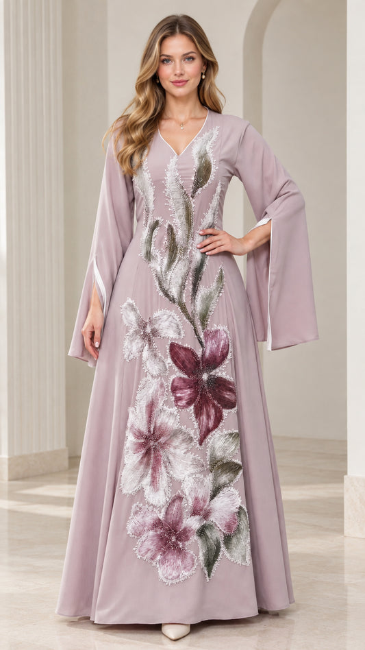 Dusty lilac floor-length maxi dress with floral embroidery and split bell sleeves - front view