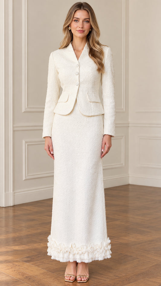 Front full-length view of woman wearing ivory tweed blazer and maxi skirt two-piece set